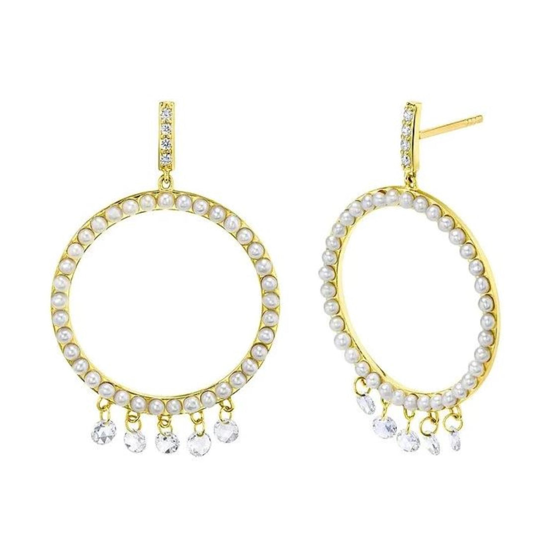 18K Gold Open Circle Pearl Drop Earrings