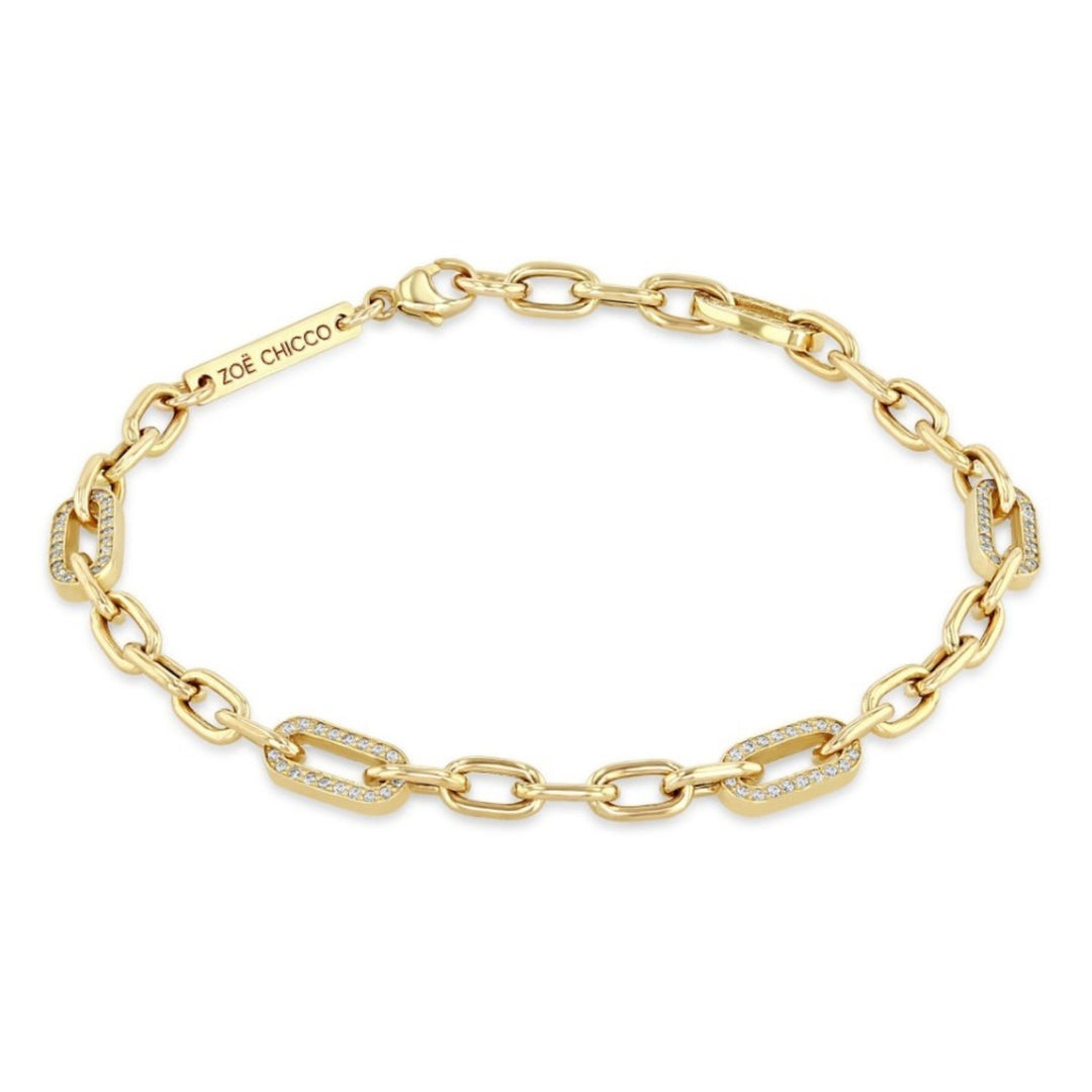 14K Yellow Gold Link Chain Bracelet With 5 Pave Diamond Links