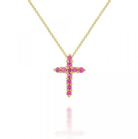 14K Gold Pink Sapphire Cross Necklace