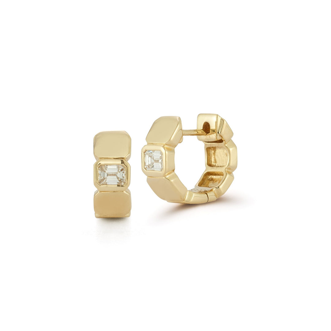 14K Emerald Cut Bezel Diamond Huggies