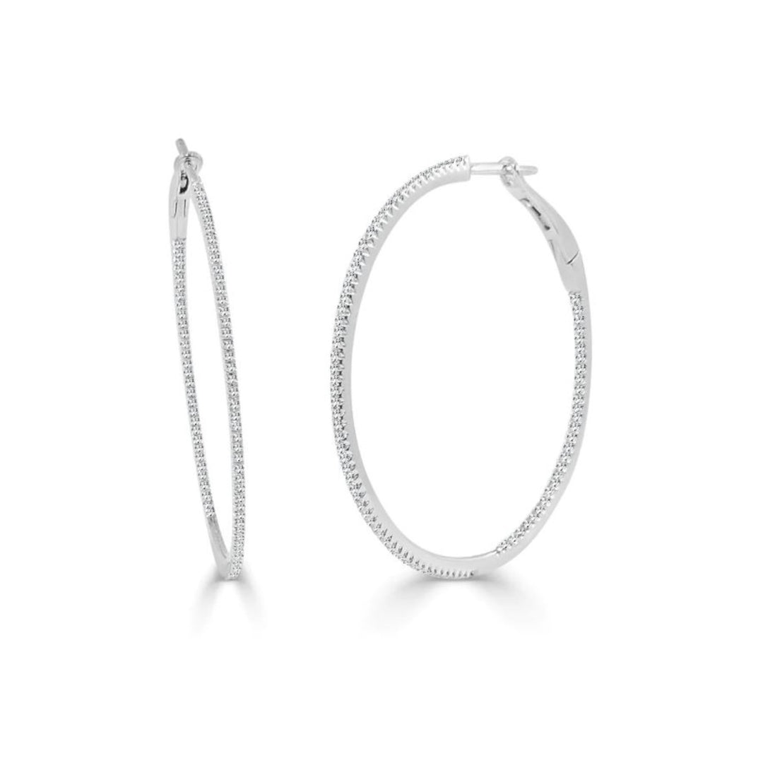 White Gold 1.5" Skinny Diamond Hoops