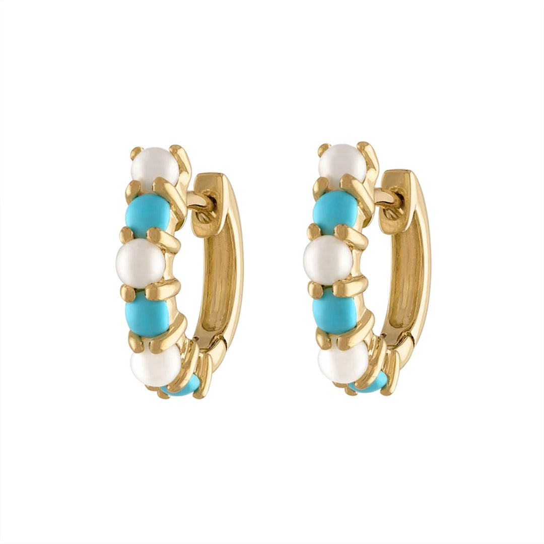 14K Gold Turquoise and Pearl Huggie Hoops