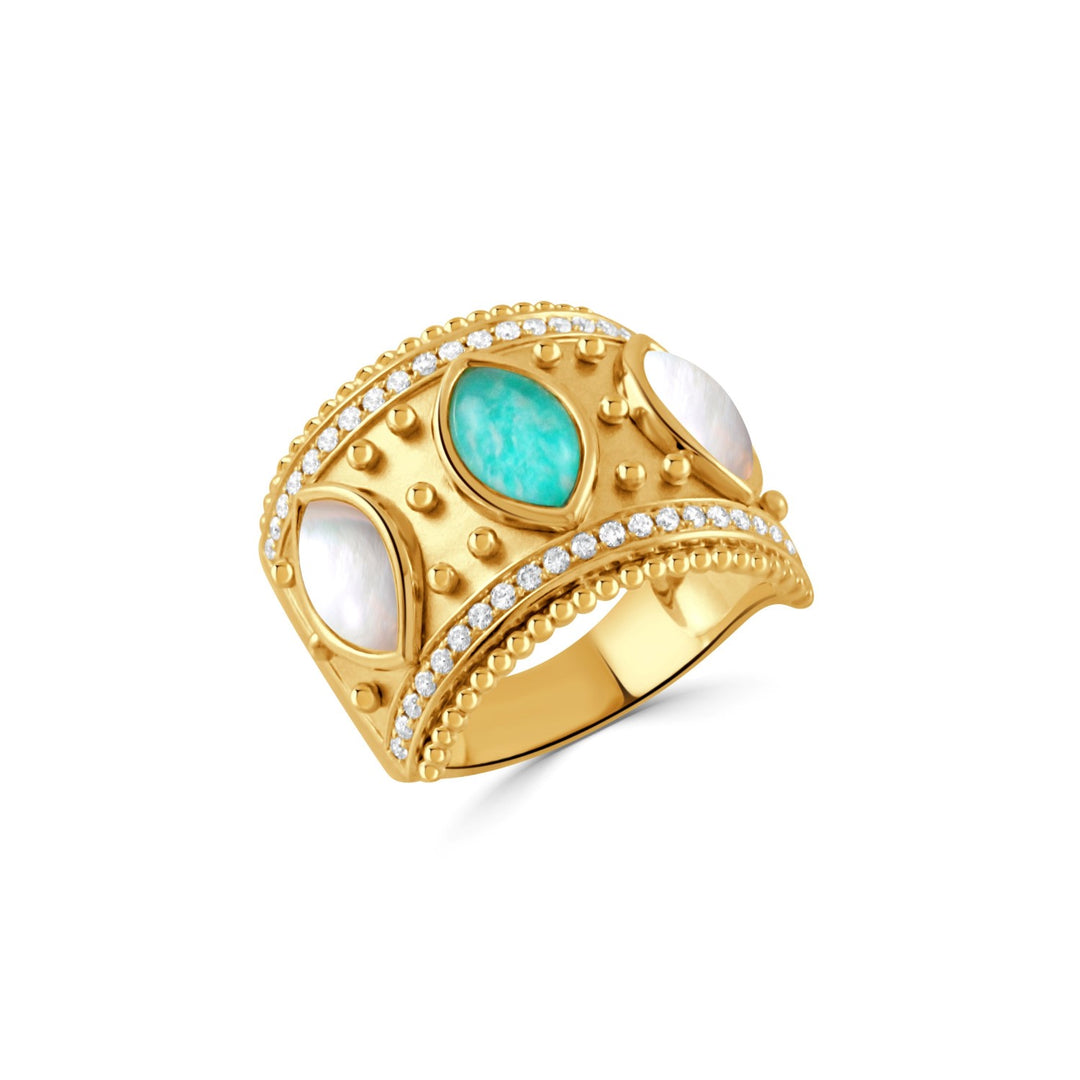 18K Gold Wide Amazonite & Mother of Pearl Ring