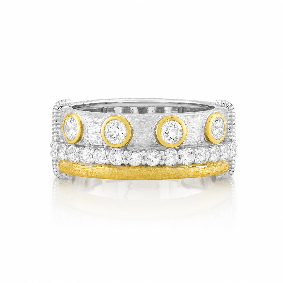 Sterling Silver And Gold Triple Stack Band With White Topaz - Size 7