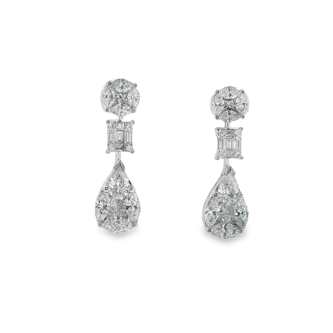 18K White Gold Illusion Set Fancy Shaped Diamond Drop Earrings