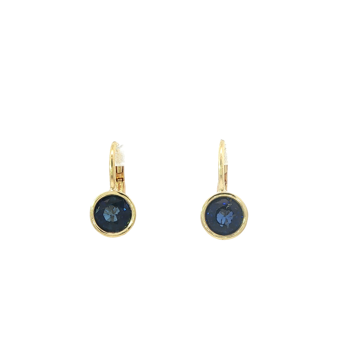 Yellow Gold and Round Blue Sapphire Drop Earrings