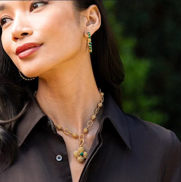 Berry Gem Medium Hoops With Malachite Gems