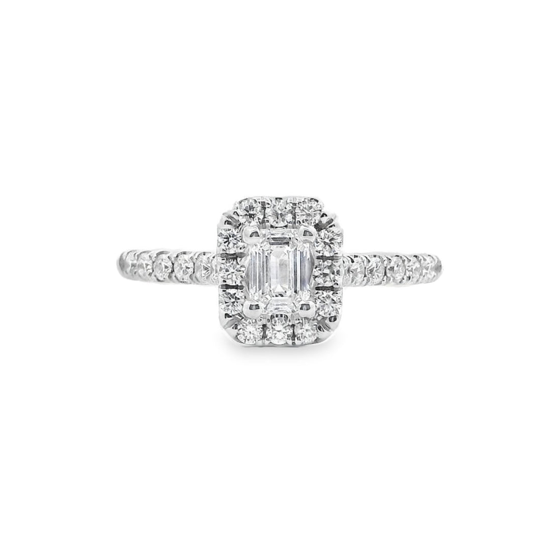 14K White Gold 0.32ct Emerald Cut Halo Engagement Ring