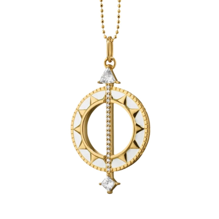 Large Sundial Charm With White Enamel And White Diamonds On A 18" Ball Chain