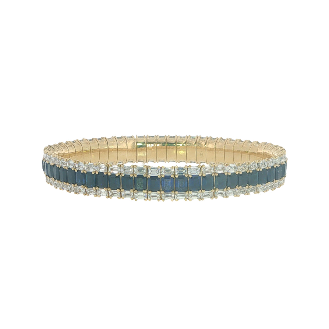 18K Yellow Gold Stretch Bracelet With Emerald Cut Blue Sapphires Surrounded By Baguette Diamonds