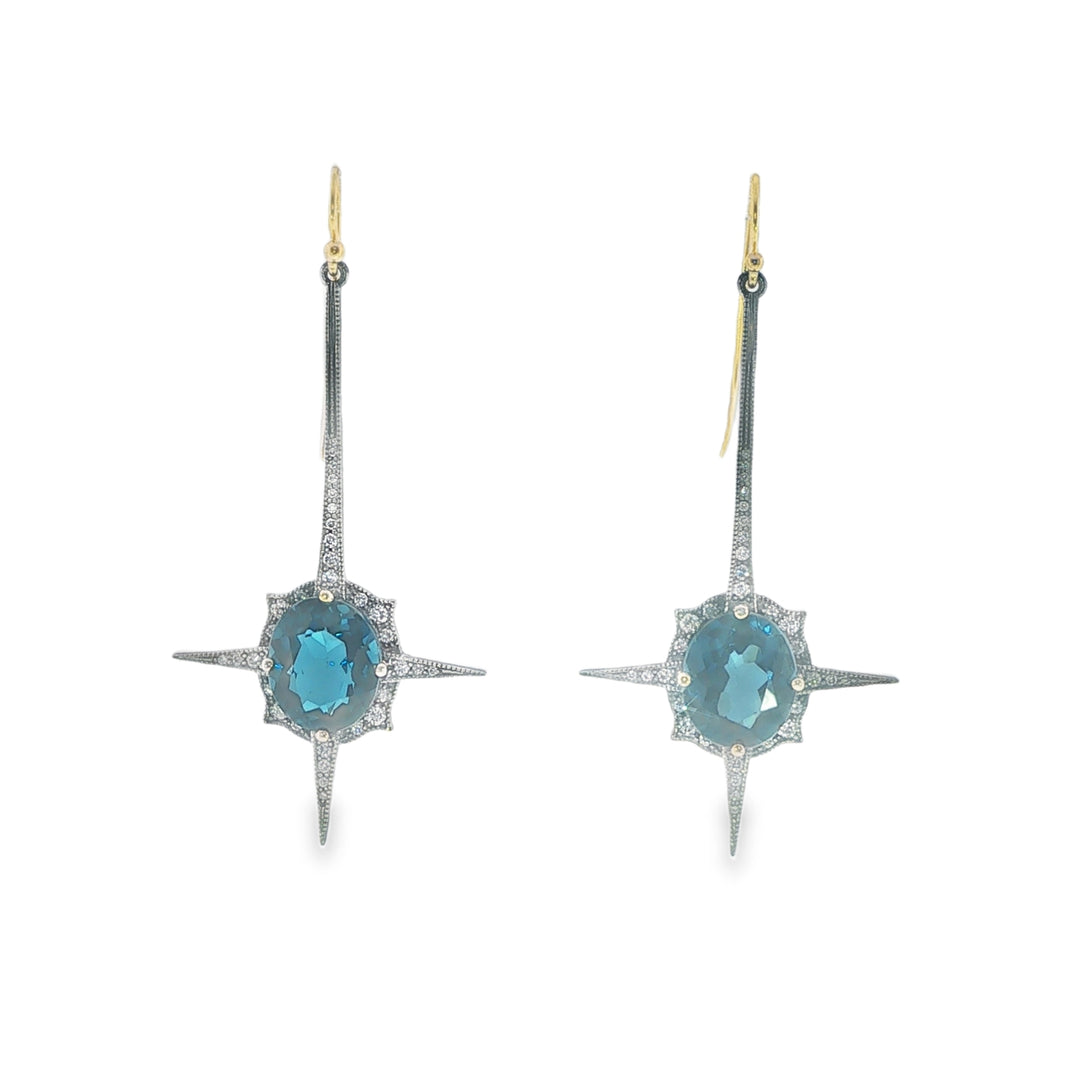 22K Yellow Gold And Oxidized Silver Spike Earrings With Blue Topaz And Diamonds