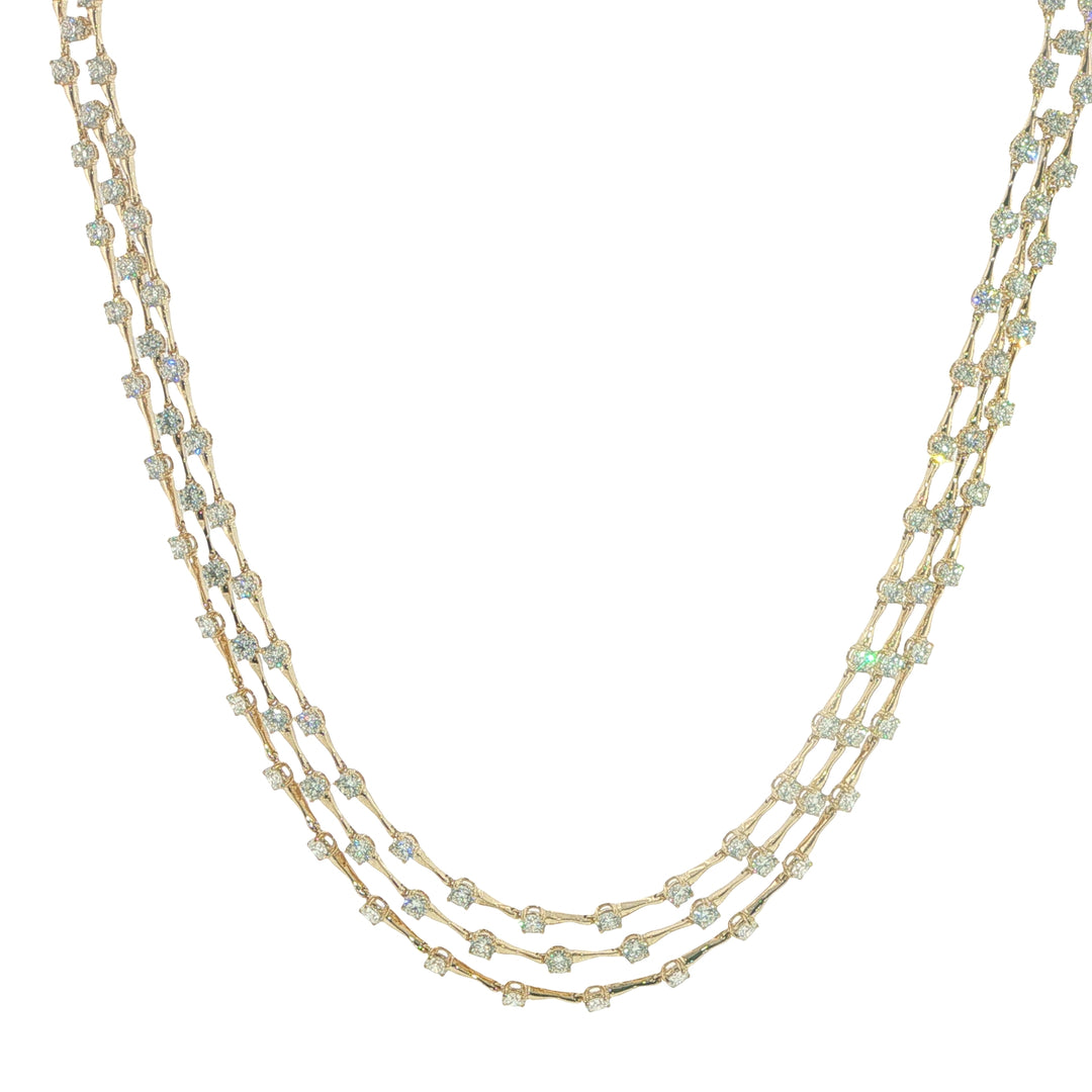 14K Yellow Gold Three Row Necklace With Round Diamonds