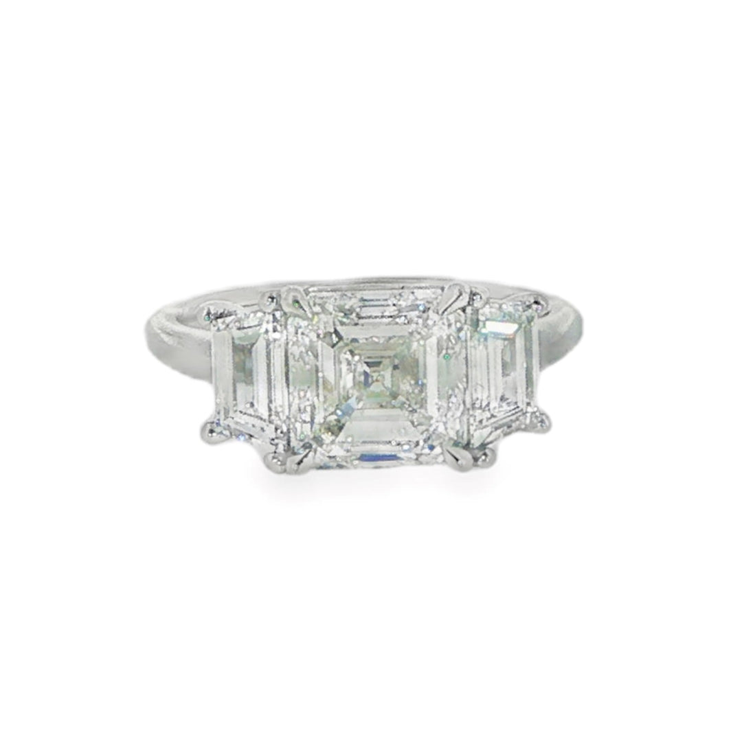 Platinum Three Stone Engagement Ring With A Center Asscher Cut Diamond And Trapezoid Side Stones - Size 6