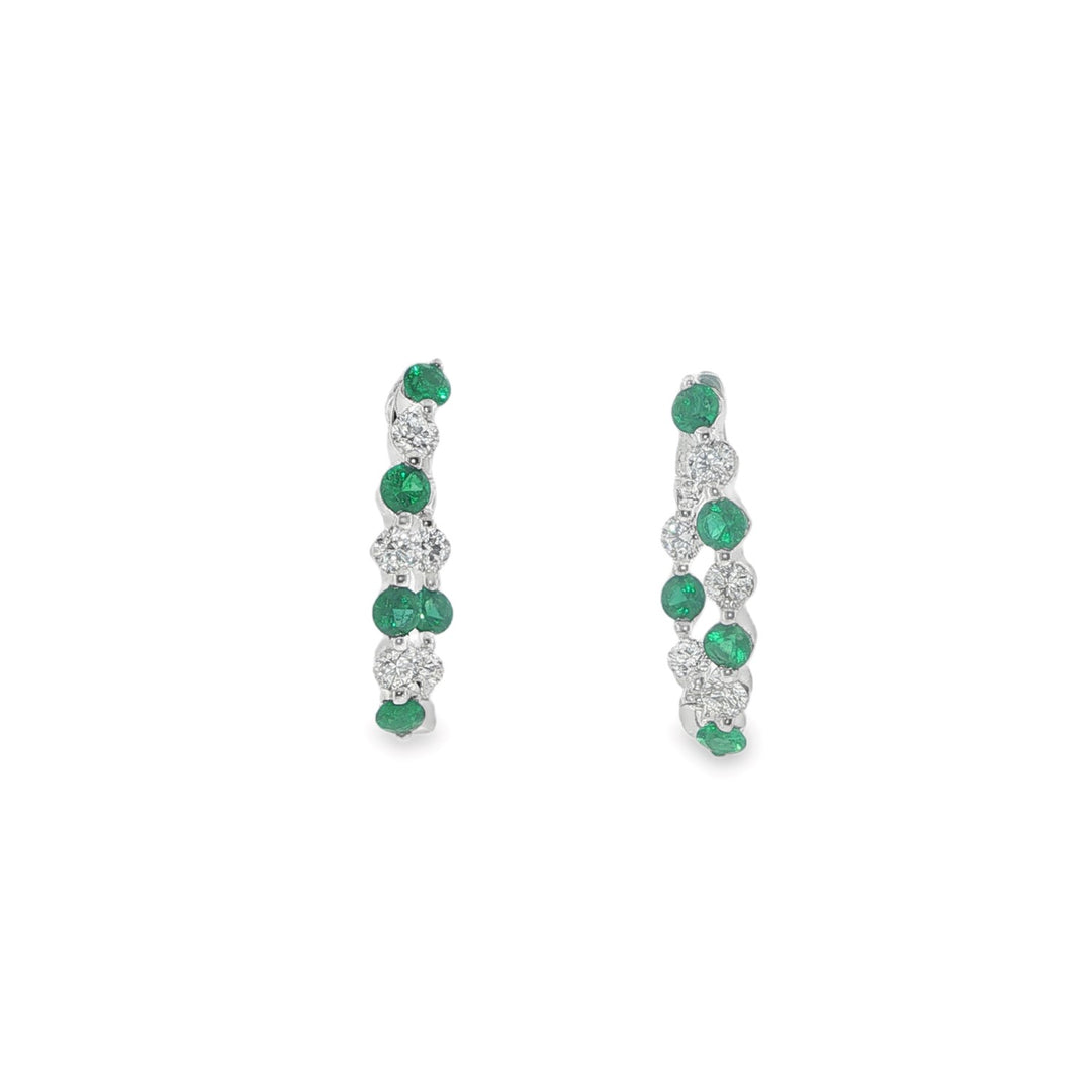 18K White Gold Single Shared Prong Set Hoops With Diamonds And Emeralds