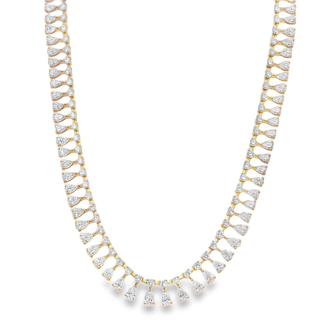 Yellow Gold Round and Pear Shaped Diamond Fringe Collar Necklace Weighing 15.17cts - 16"