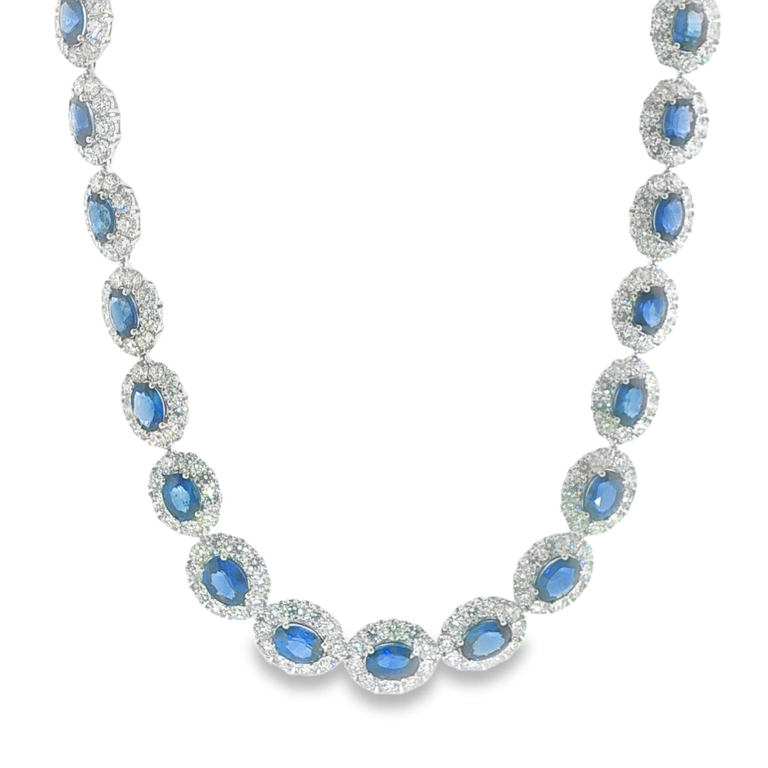 18K White Gold Oval Blue Saphire And Diamond Halo Necklace - 16"