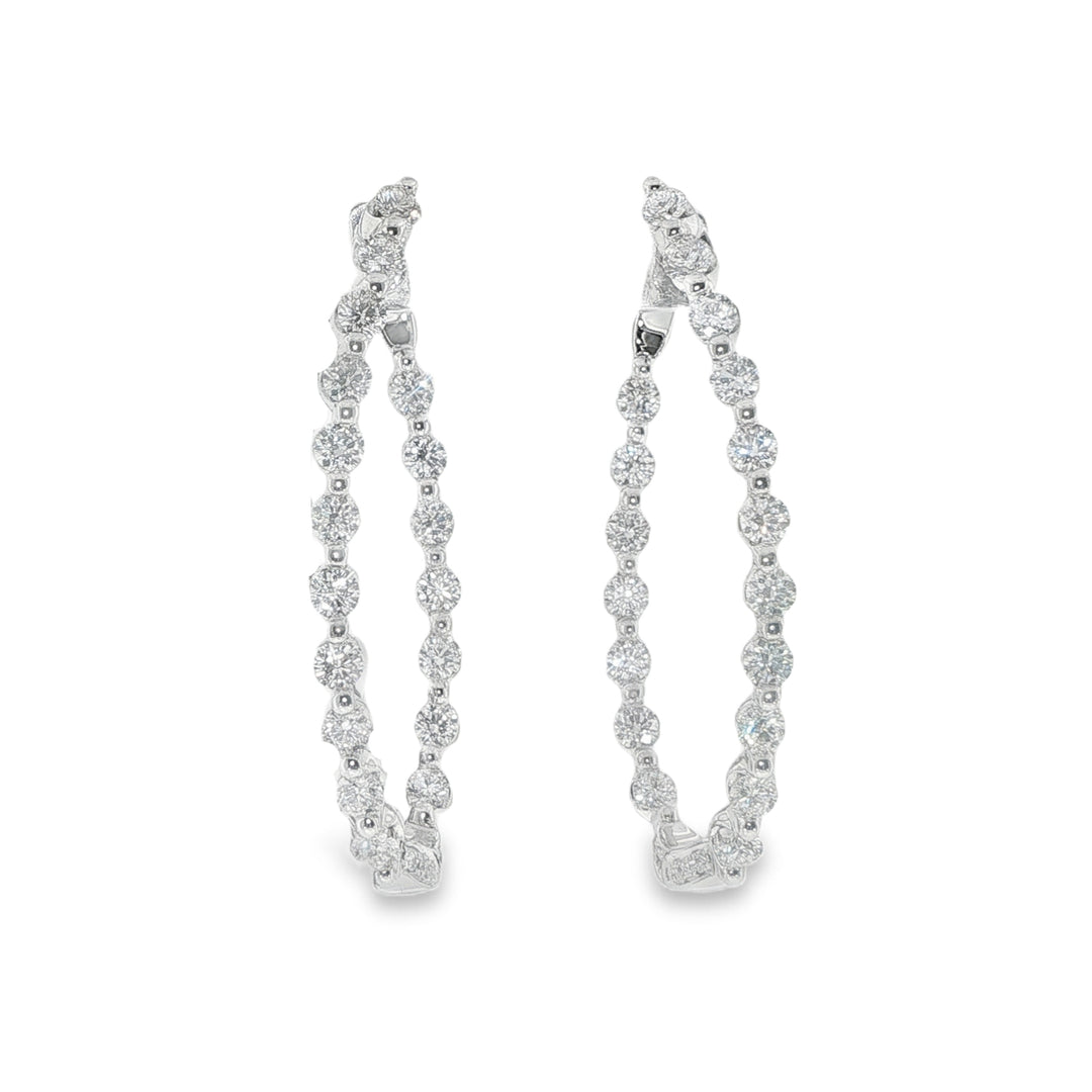 18K White Gold Oval Diamond Hoops With Round Diamonds Set In A Shared Single Prong Setting