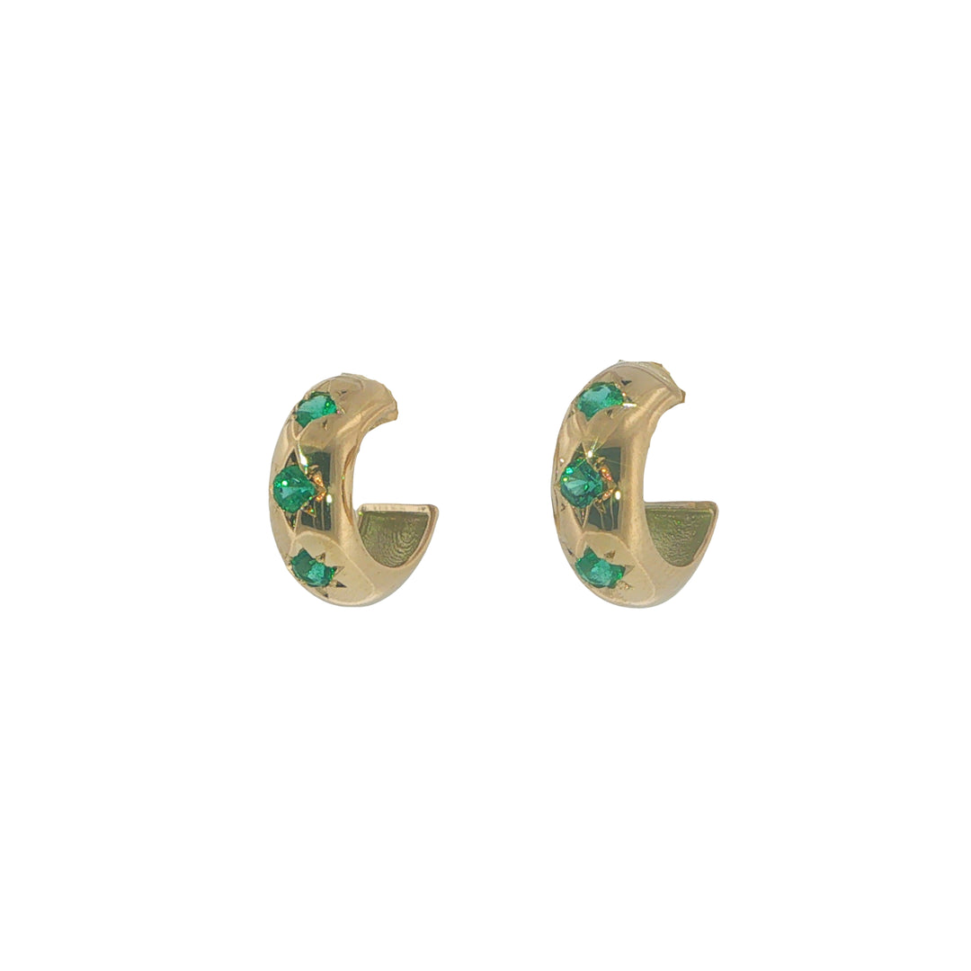 14K Yellow Gold Thick Half Round Huggies With Emeralds