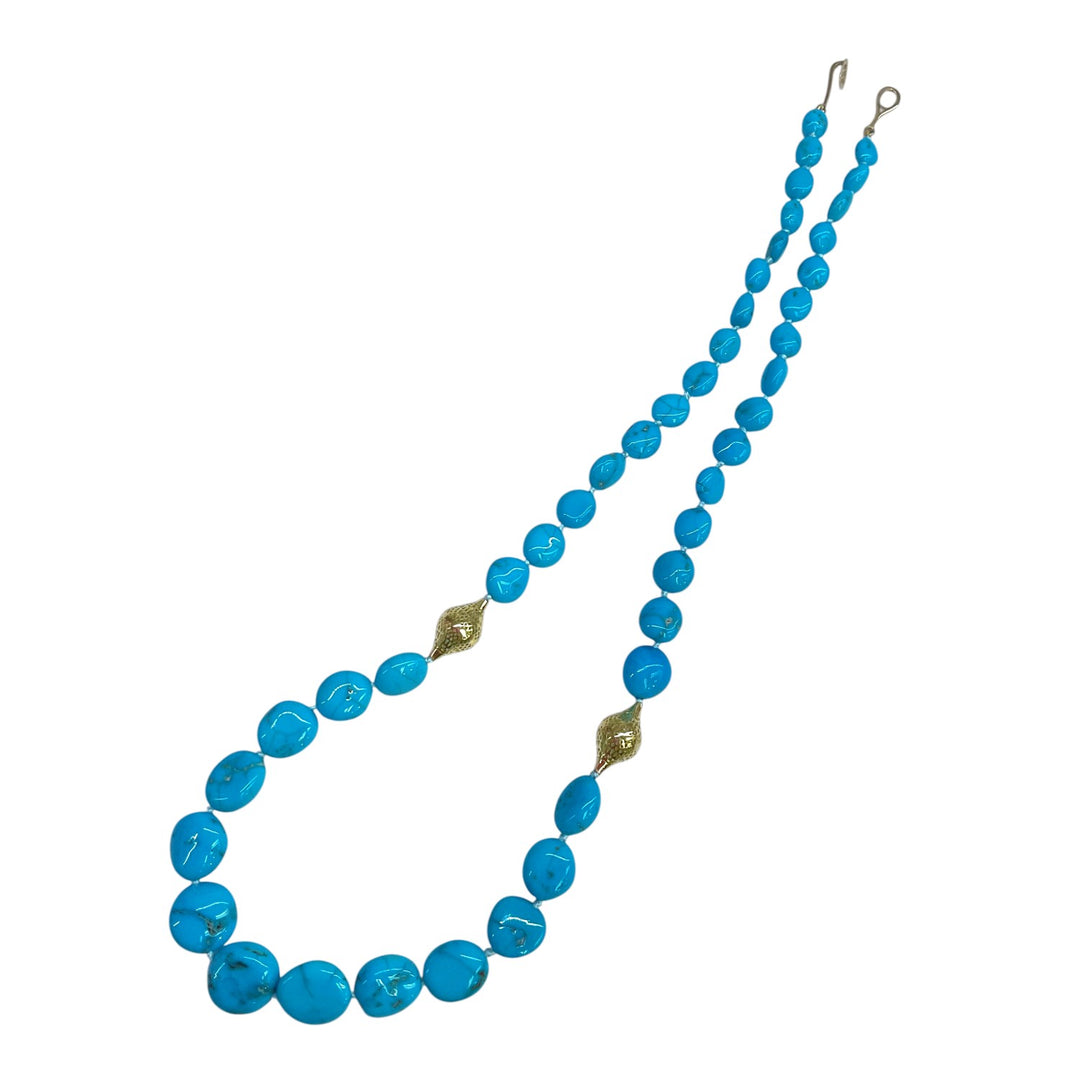 Tumbled Flat Sleeping Beauty Turquoise Beaded Necklace With Crownwork Finials - 22.5"