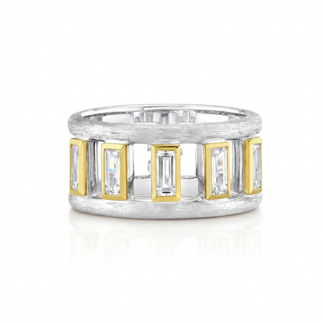Silver Band With Gold Bezel Set White Topaz Baguettes - Size 7