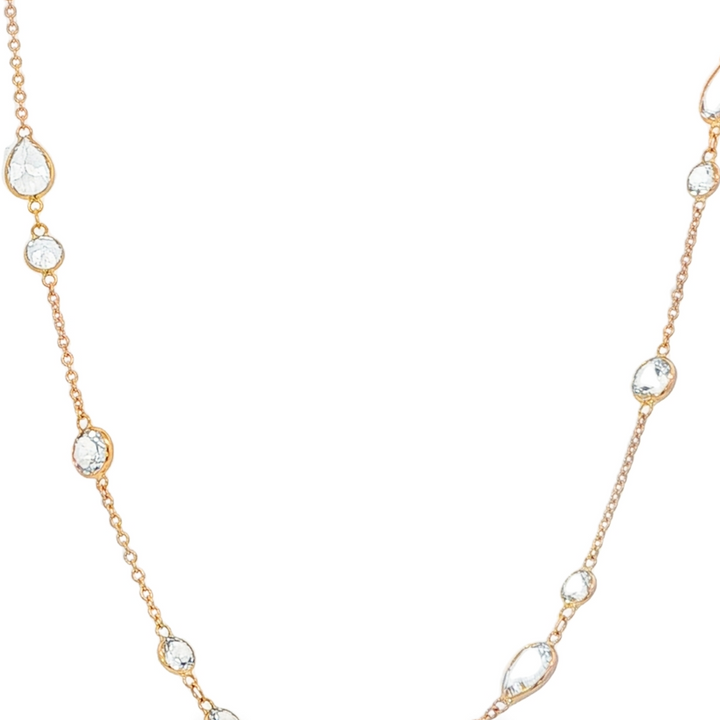 18K Rose Gold Station Necklace With White Topaz Stones - 34"