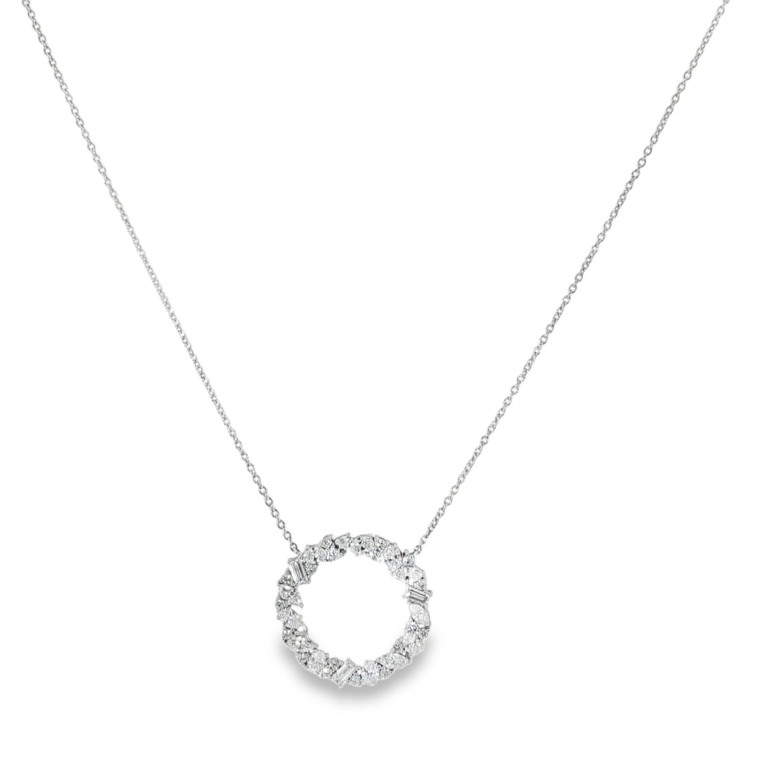 Open Circle Diamond Pendant Necklace With Multi Shaped Diamonds - 16"
