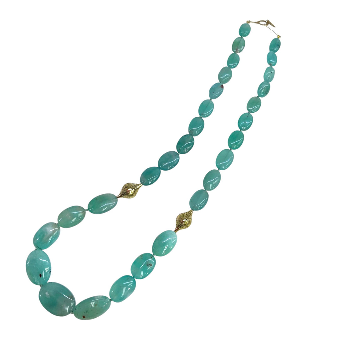 Tumbled Flat Aquaprase Beaded Necklace With Crownwork Finials - 21.25"