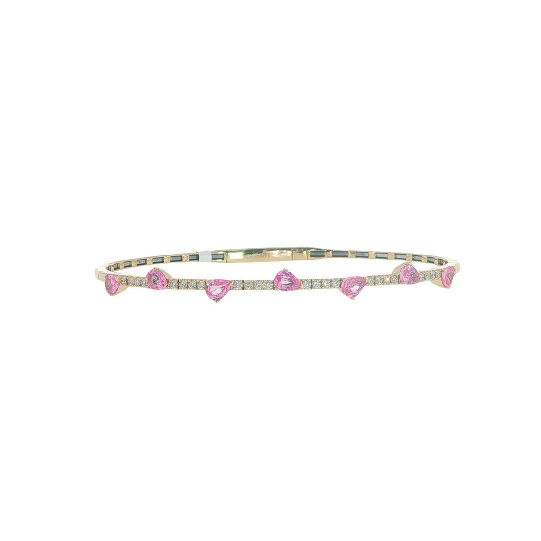 14K Yellow Gold Flexible Bangle With Pear Shaped Pink Sapphire Stations And Round Diamonds