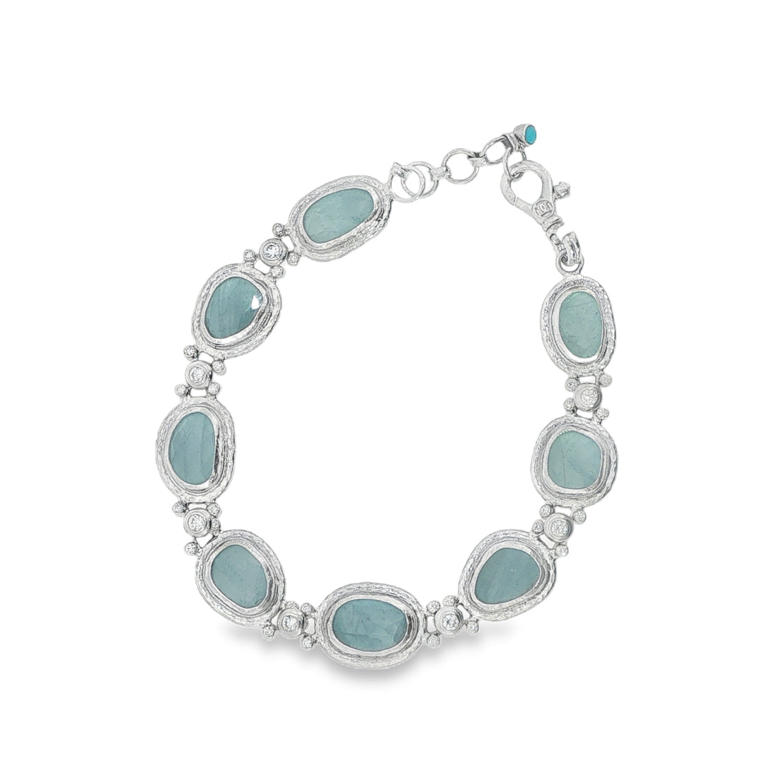 One Of A Kind Silver Bracelet With Amorphous Rose Cut Aquamarines - 8"