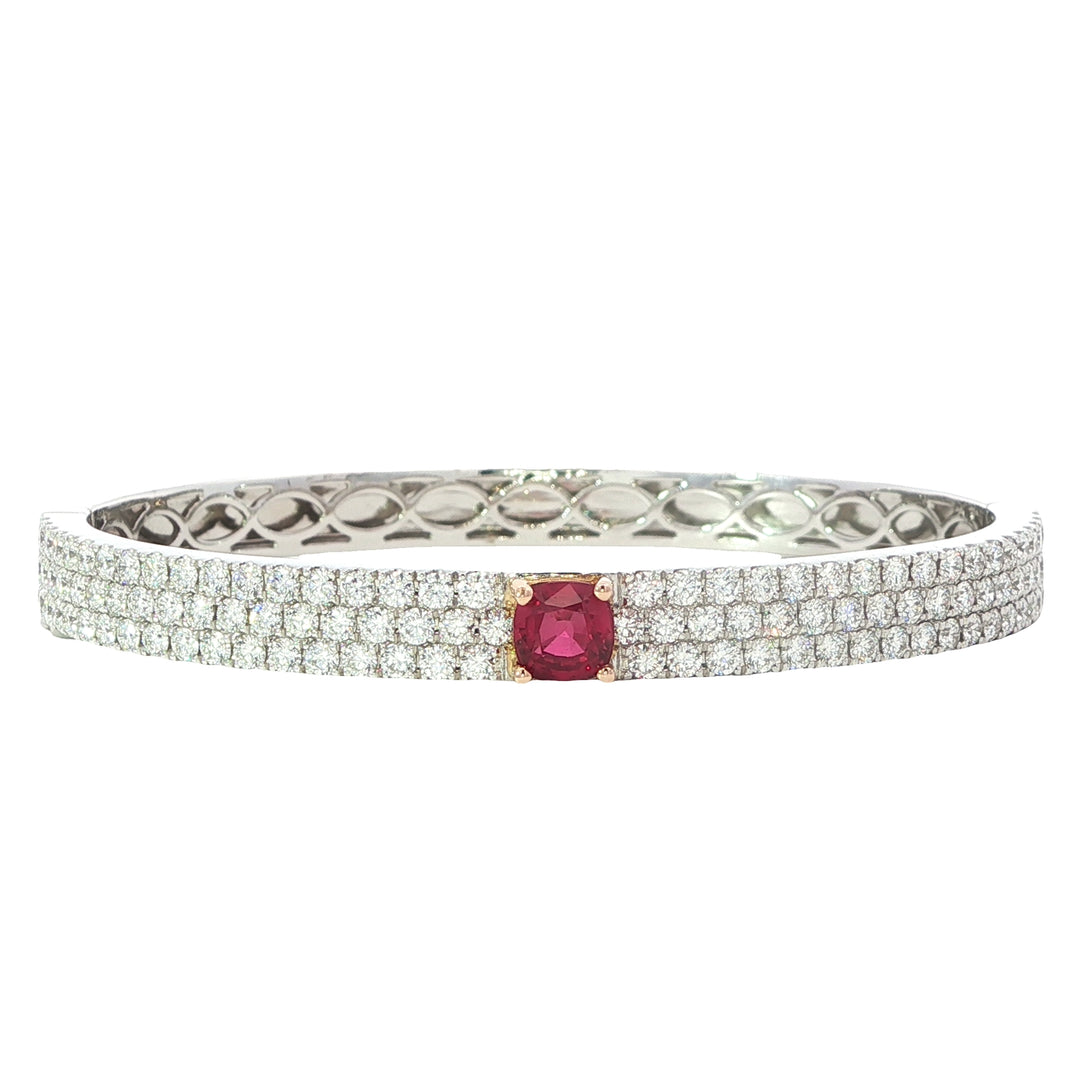 White Gold Pave Diamond Bracelet With A Cushion Cut Ruby Center Stone