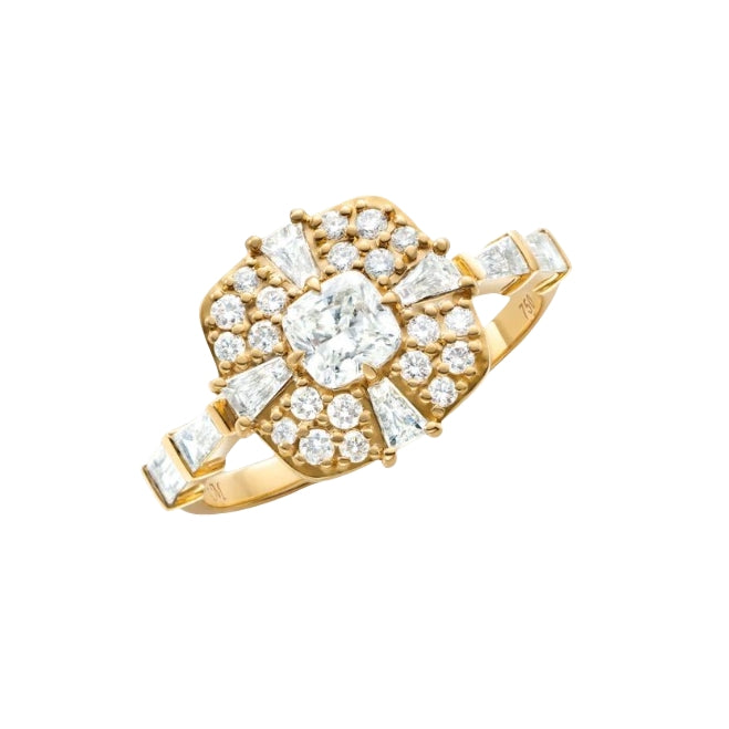 "Points North" Diamond Ring With Cushion Cut, Baguette, and Round Diamonds - Size 7