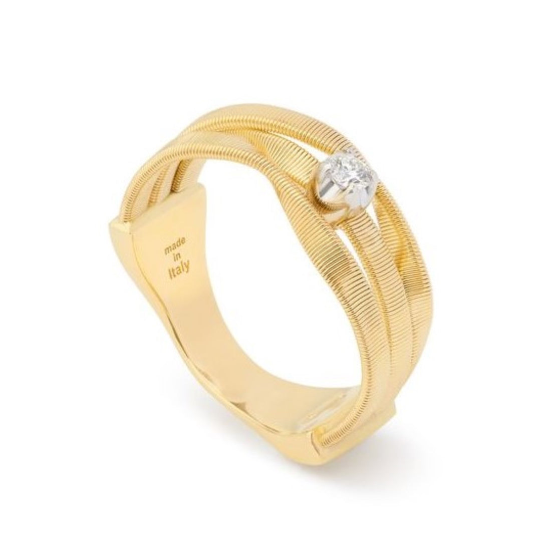 18K Yellow Gold Three Row Coil Ring With Diamond Station - Size 7
