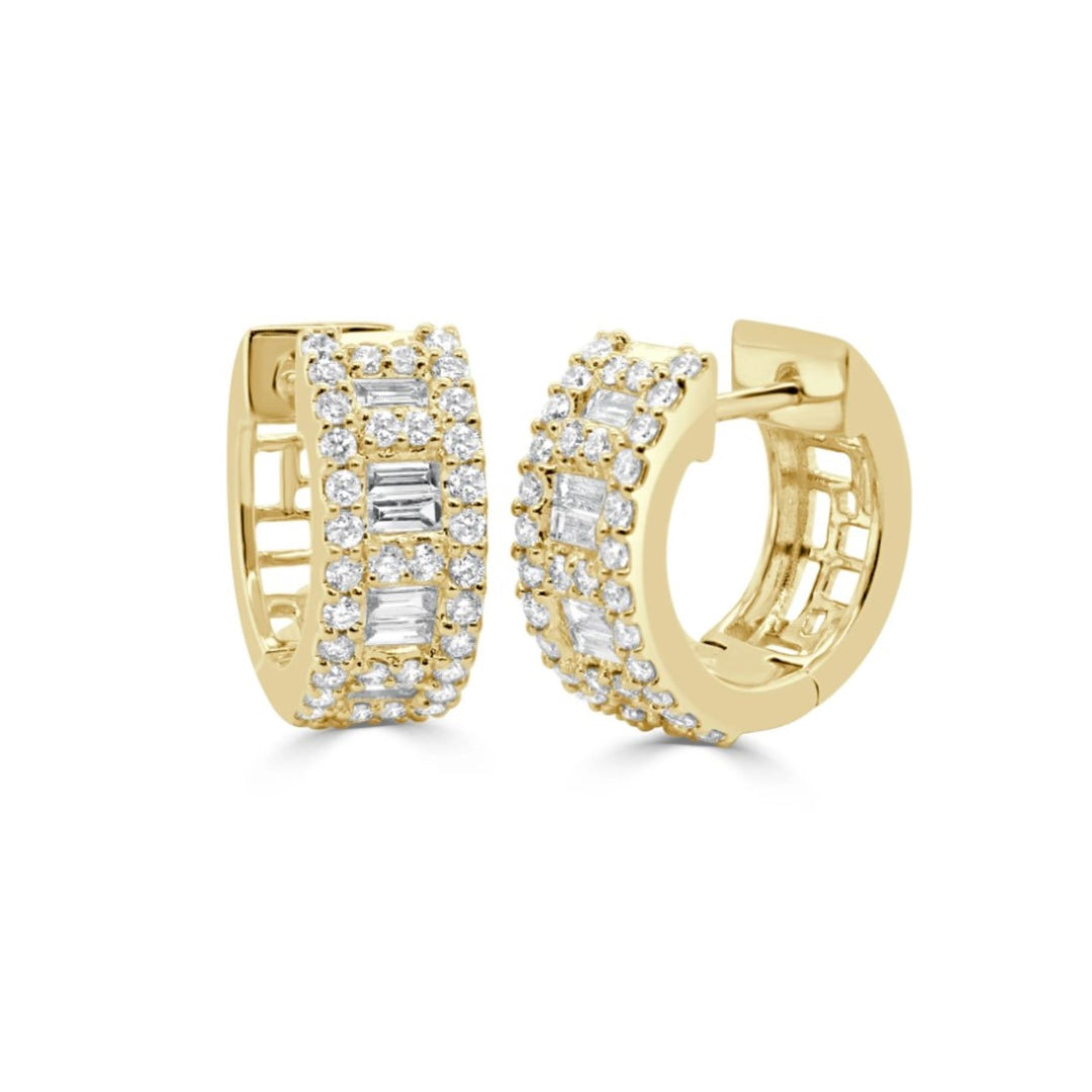 Yellow Gold Huggies With Baguette And Round Diamonds
