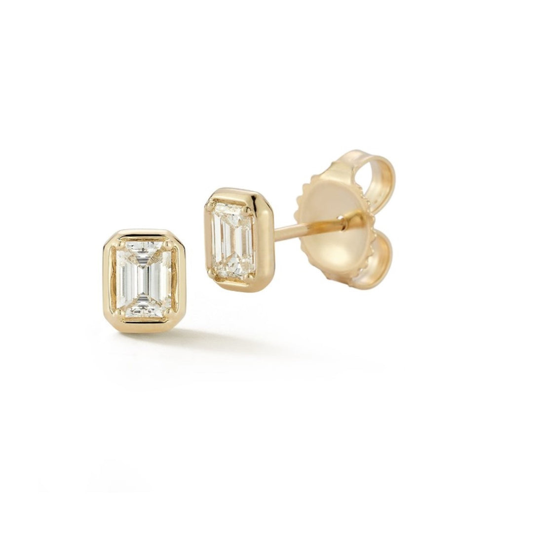 14K Yellow Gold Emerald Cut Diamond Flat Rim Bezel Earrings