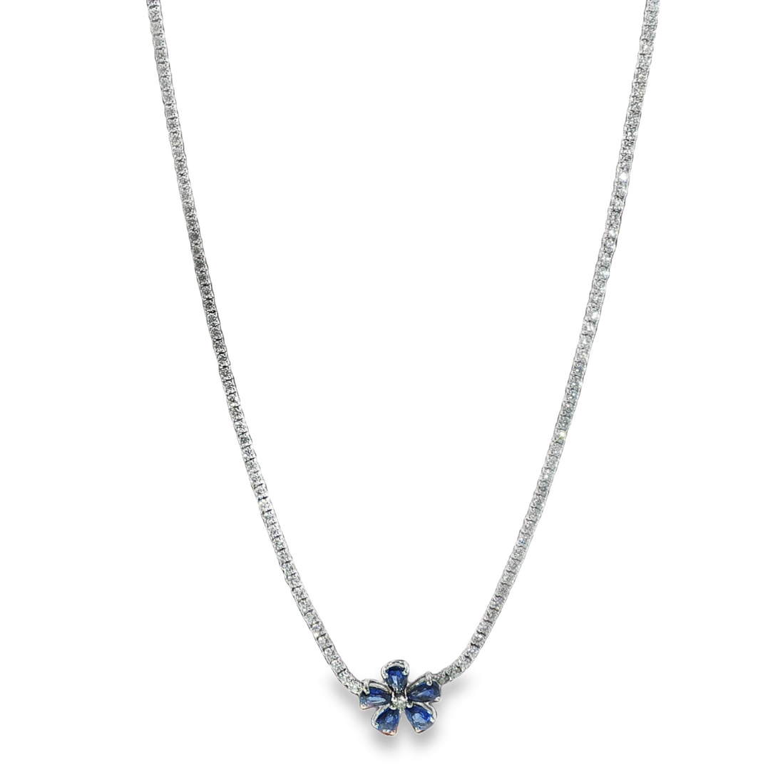 18K White Gold Tennis Necklace With Sapphire And Diamond Flower Pendant - 16.5"