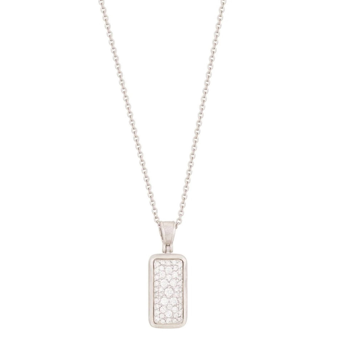 Pointelle Couture Silver Rectangular Pendant With Pave Diamonds - 16-18"