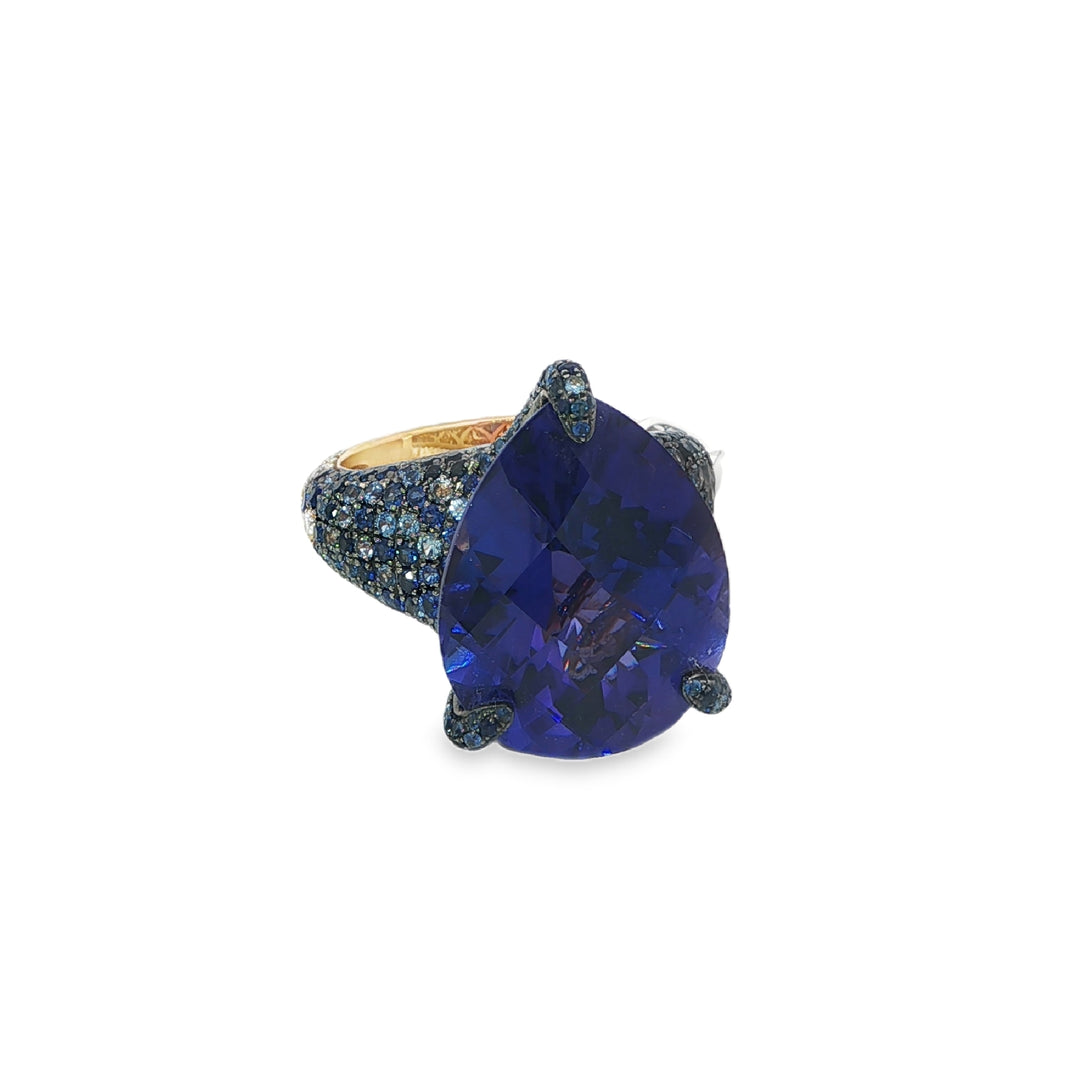 Pear Shaped Tanzanite Ring In A Confetti Setting Of Blue Sapphires and Diamonds - Size 7