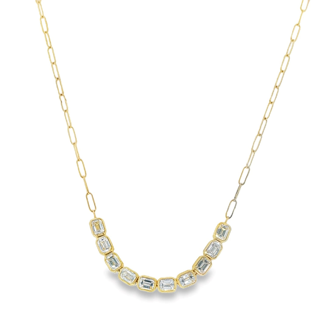 18K Yellow Gold Paperclip Necklace With Bezel Set Emerald Cut Diamonds - 16"