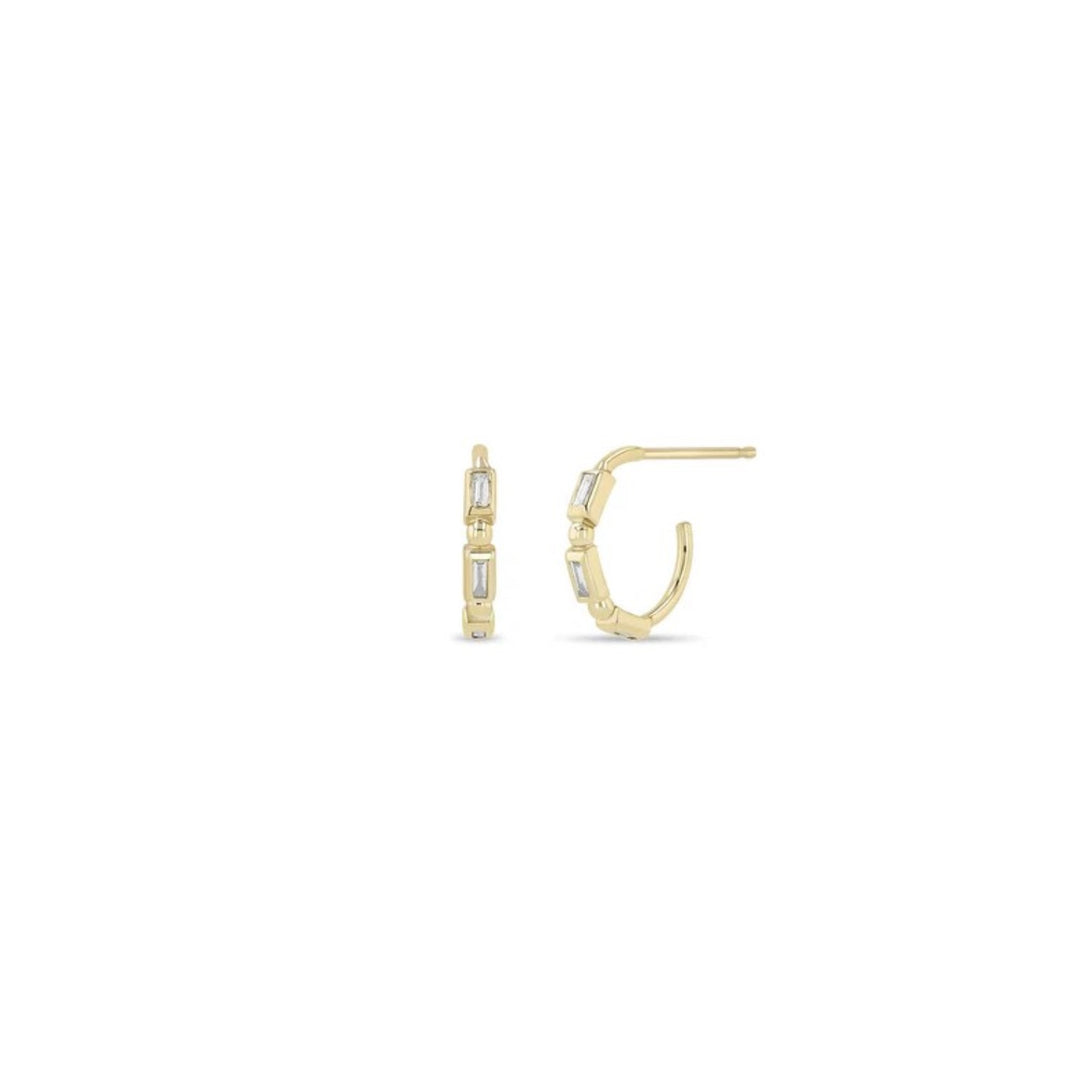 Gold Bead and Baguette Diamond Huggie Hoops