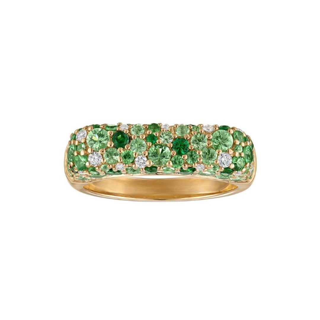 14K Yellow Gold Sparkle Stack Ring With Ombre Green Sapphires