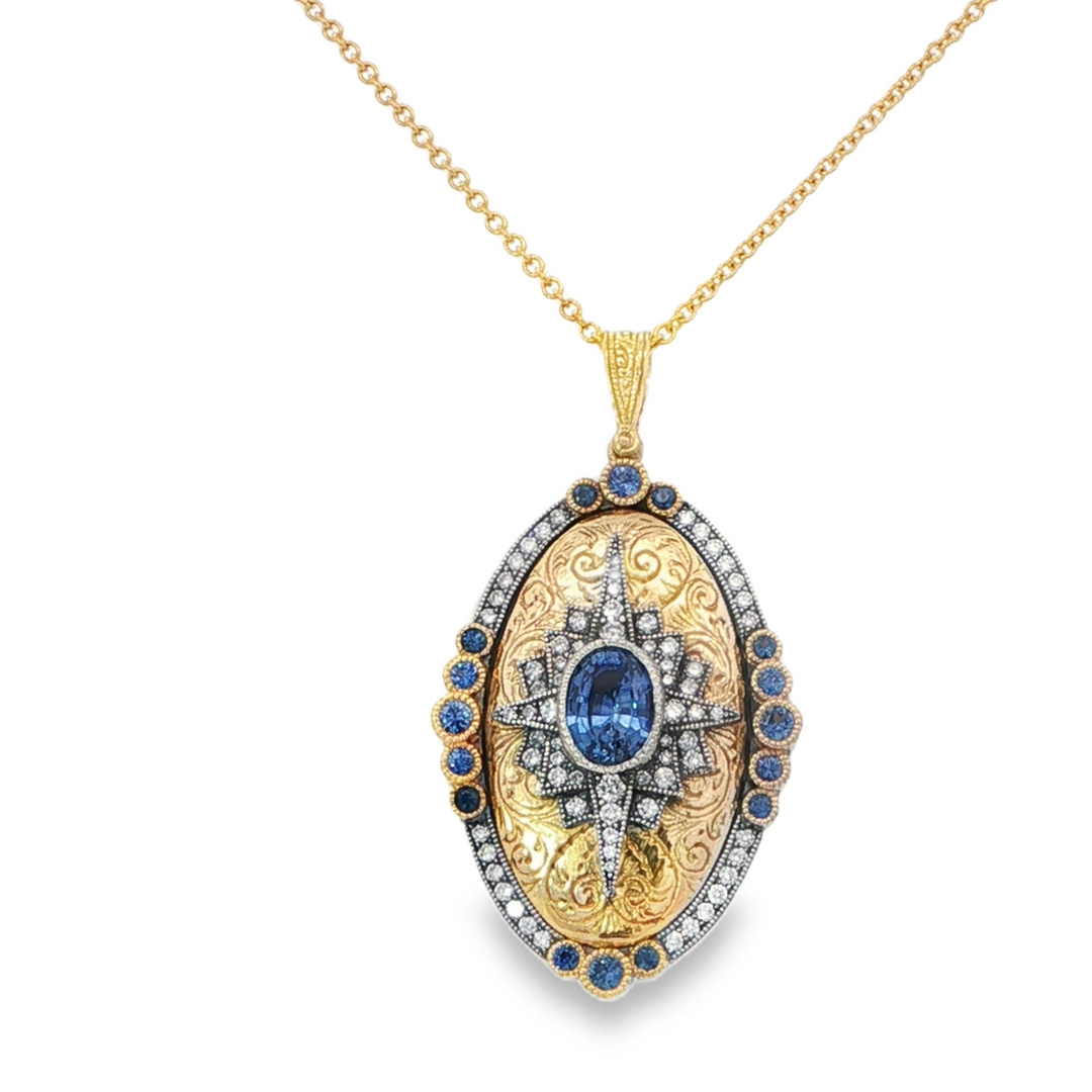 Yellow Gold And Silver Oval Locket With Diamonds And Sapphires