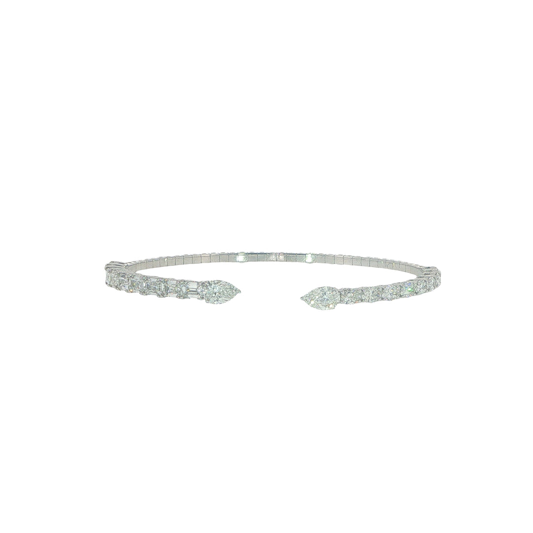 18K White Gold Flexible Open Bangle Bracelet With Mixed Shape Diamonds