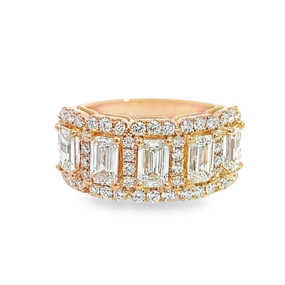 Rose Gold Band With 5 Emerald Cut Diamonds and Diamond Halos - Size 7