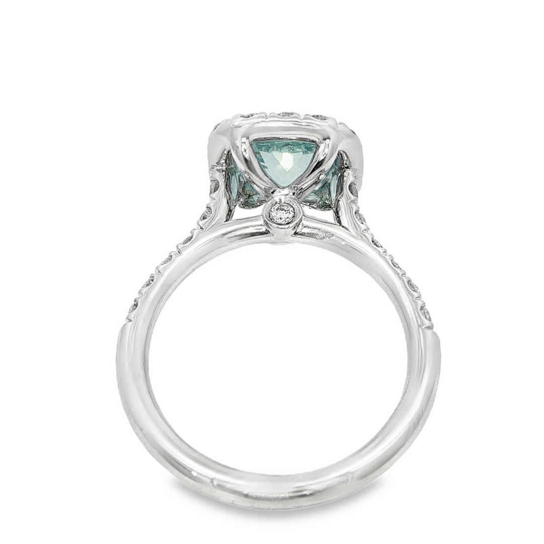 18K White Gold Ring With A Cushion Cut Aquamarine Center Stone And Diamond Halo