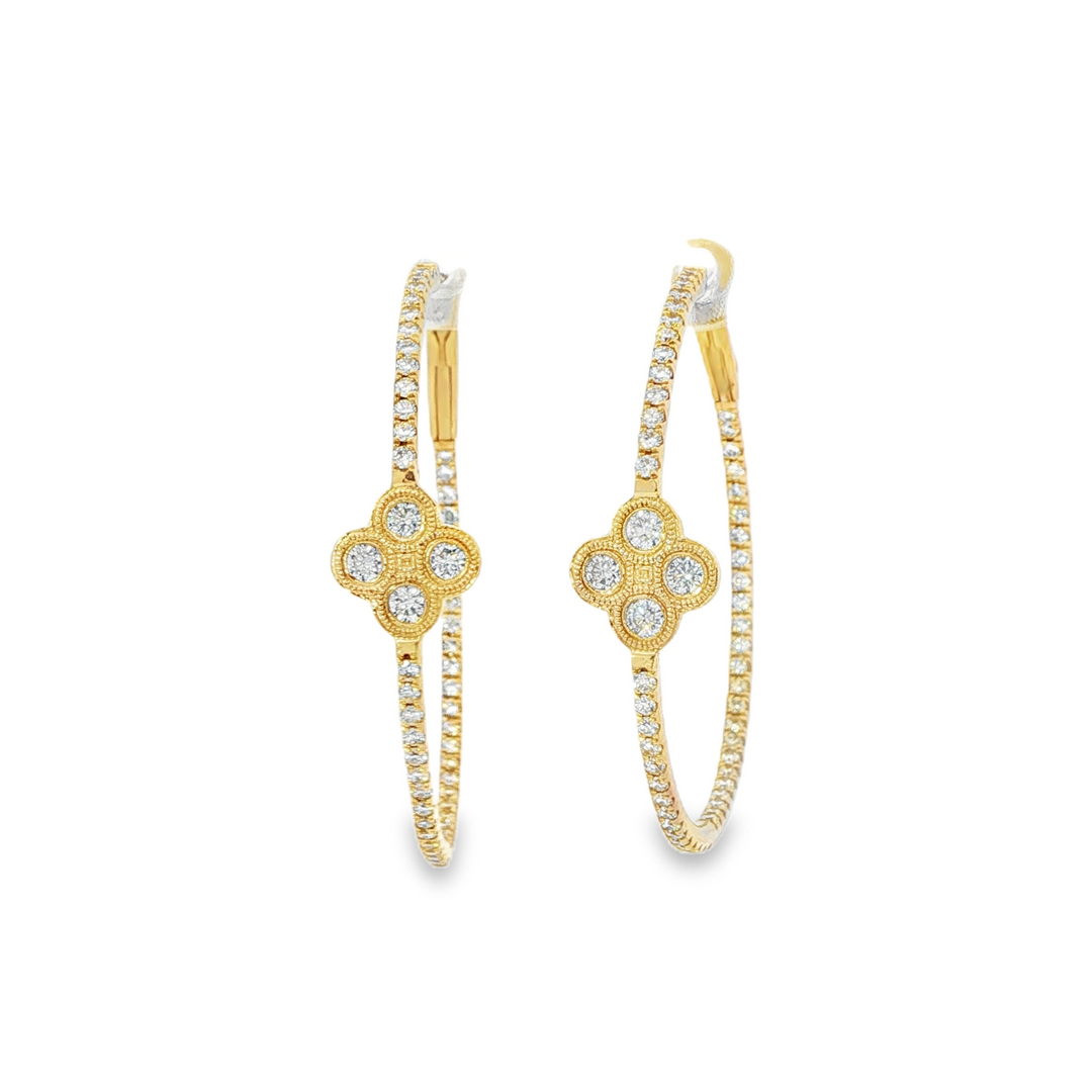 Yellow Gold and Pave Diamond Hoops With Bezel Set Diamond Clover
