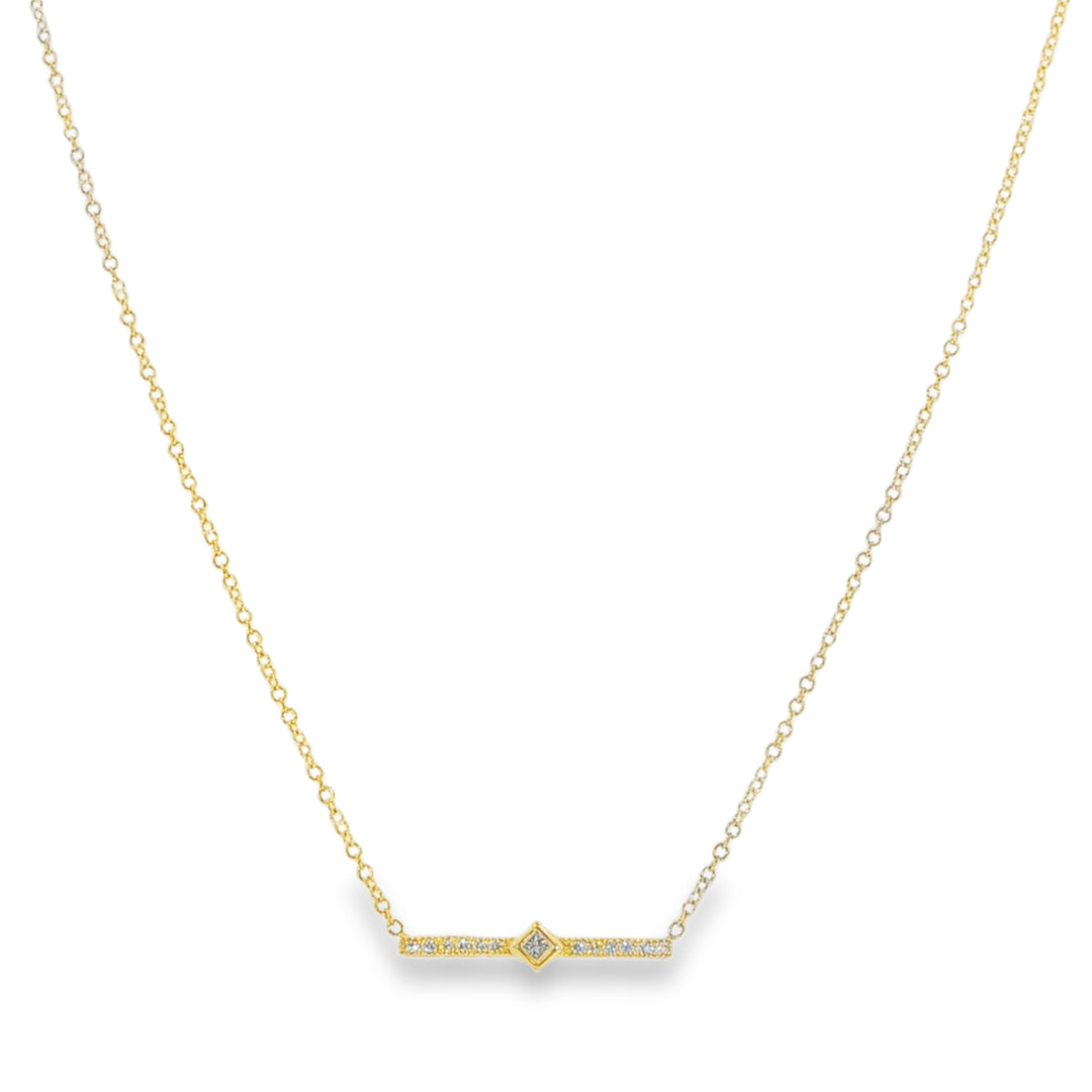 14K Yellow Gold Bar Necklace With Center Princess Cut Diamond