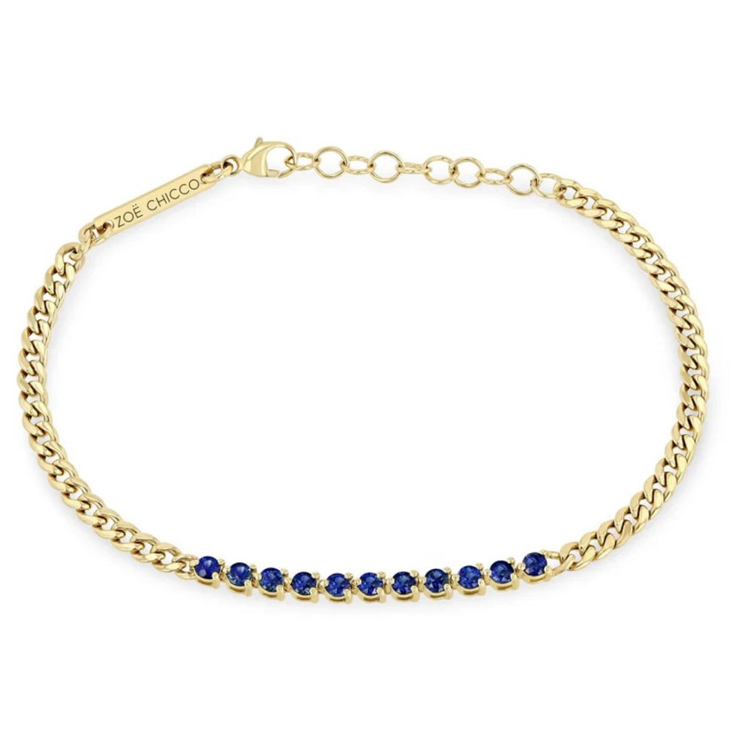 Blue Sapphire Tennis Segment Small Curb Chain Bracelet