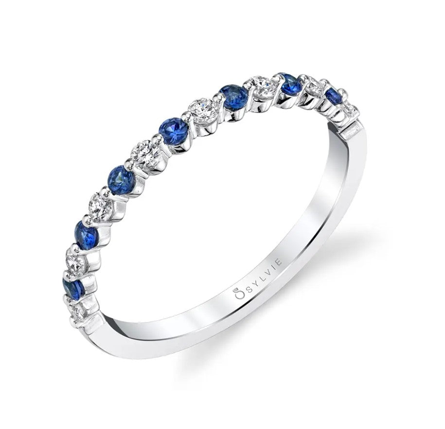 14K White Gold Band With Blue Sapphires And Diamonds - Size 6.5