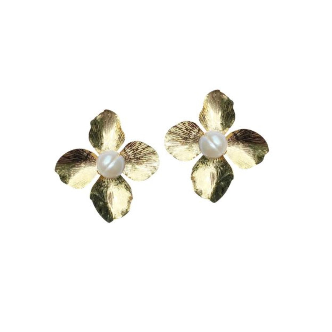 Gold Flower + Pearl Studs