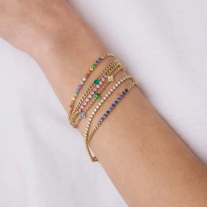 Blue Sapphire Tennis Segment Small Curb Chain Bracelet